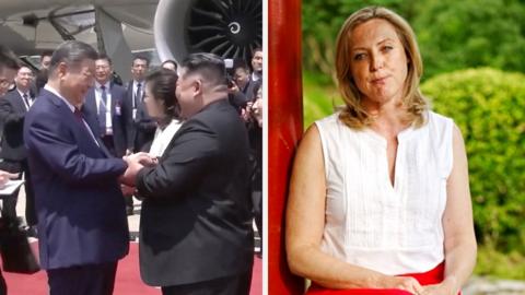 On the left, Xi Jinping holding hands with Kim Jong Un. On the right, Laura Bicker.