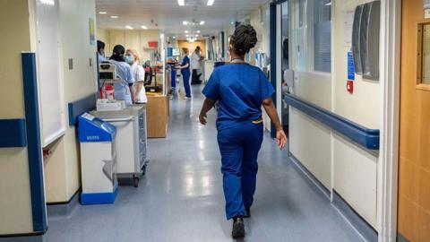 A woman wearing all-blue hospital scrubs walks away from us down a hospital corridor. On the floor is blue lining with other people in the distance.
