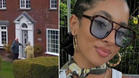 Comp image: left, elderly couple at their front door. Right, A woman is wearing large sunglasses and earrings, and is looking at the camera.