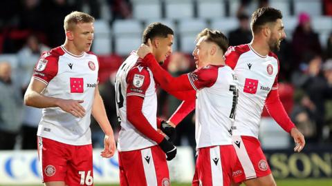 Stevenage players celebrate Chem Campbell's dramatic late equaliser against Mansfield