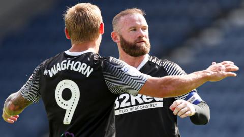 Derby celebrate Wayne Rooney's goal at Preston