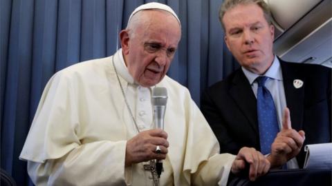 Pope Francis speaks to journalists during his flight back from Dublin on 26 August, 2018.