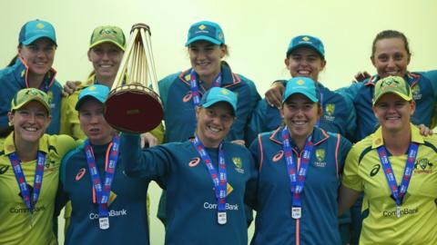 Australia with the Women's Ashes trophy