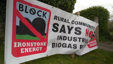 A large banner reading: "Block Ironstone Energy: Rural community says no to industrial biogas plant."