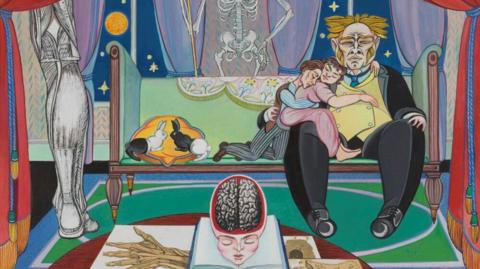Poor Things (1992) by Alasdair Gray - it is a colourful but bizarre painting with a large man sitting on a fancy sofa, with a miniature man and woman cuddled into him, some half black-half white rabbits, a head with a cross-section of a brain and a skeleton. 