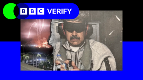 A split image shows US strikes on Caracas on the left and President Nicolas Maduro blindfolded and in handcuffs aboard a US flight. 