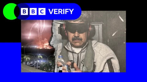 A split image shows US strikes on Caracas on the left and President Nicolas Maduro blindfolded and in handcuffs aboard a US flight. 