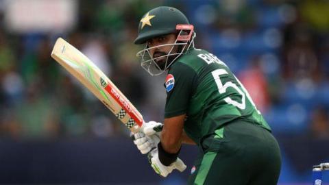 Pakistan batter Babar Azam plays a shot