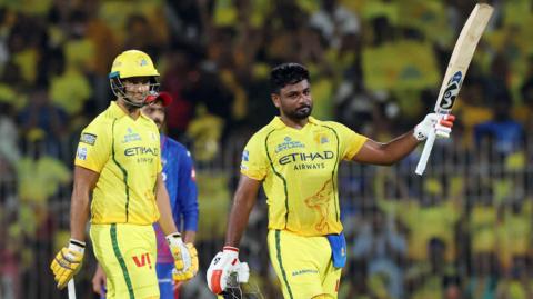 Sanju Samson raises his bat for a century for Chennai Super Kings