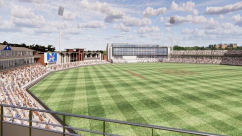 Artist impression of hotel overlooking cricket ground with full crowd. The hotel is on one of the ground stands and is made up of multiple glass windows overlooking the green pitch. There are floodlights in the distance. 
