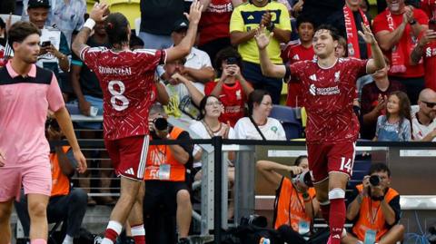 Liverpool players celebrate against Sunderland