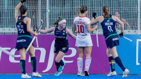 Naomi Carroll celebrates scoring for Ireland in the Nations Cup defeat