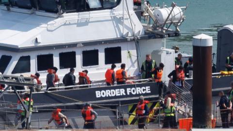he UK Border Force vessel 'Ranger' brings migrants into Dover port who were intercepted crossing the English Channel on August 6, 2025 in Dover, United Kingdom