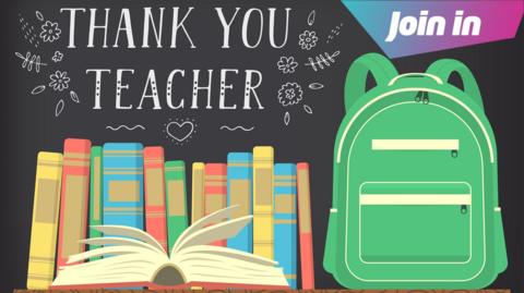 An illustration showing a sign saying Thank You Teacher along with a rucksack and pile of books