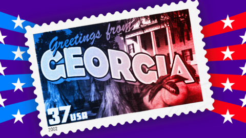 An image of a blue and red-tinted Georgia postage stamp over a purple background with white stars and blue and red stripes. The stamp features a Georgian mansion and peaches with an inscription that reads 'Greetings from Georgia'
