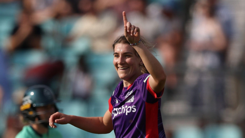 Norther Superchargers' Annabel Sutherland celebrates taking a wicket against Oval Invincibles