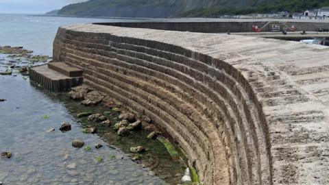 A sea wall with shallow water at its base and cliffs behind.