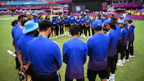 India women's cricket team in a huddle before a match against Sri Lanka