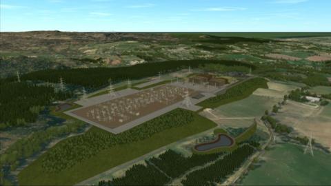 An illustration of the proposed substation. The site is the shape of a long grey rectangle with a smaller brown rectangle shape on top. There are a number of grey electricity towers on the site.