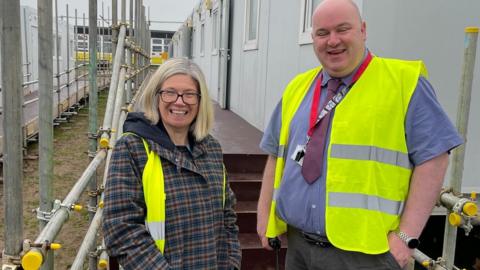 Deputy Head of School, Mrs Karen Watson and Acting Deputy, Mr Alistair Dewar inspect the temporary structures