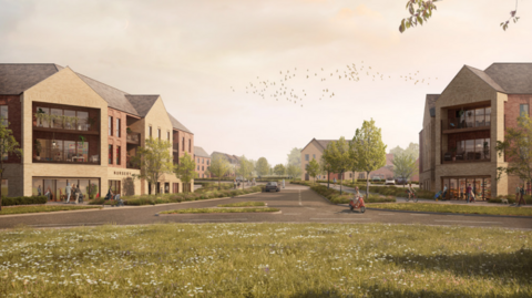 An illustration of the local centre buildings. There's some grassland in front of the buildings