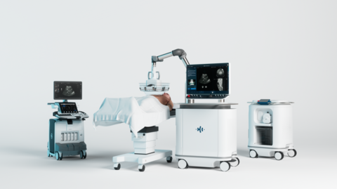 An illustrative image of a person on hospital bed with a machine over the top of them. Next to them is an ultrasound screen and a computer. 