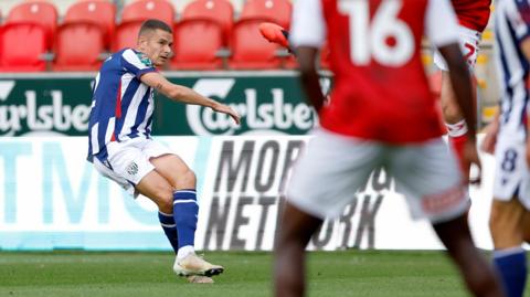 Conor Townsend takes a free-kick in West Bromwich Albion's Carabao Cup win at Rotherham on Saturday