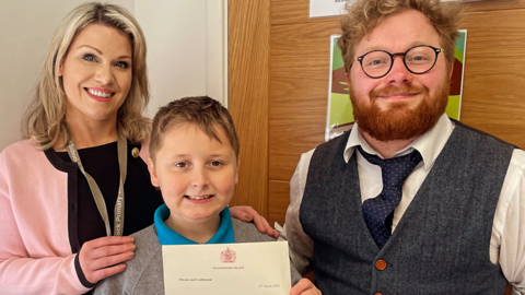 Rowena Kaminski, headteacher, Charlie and Billy Paterson, Teacher from Tilstock CE Primary School and Nurser