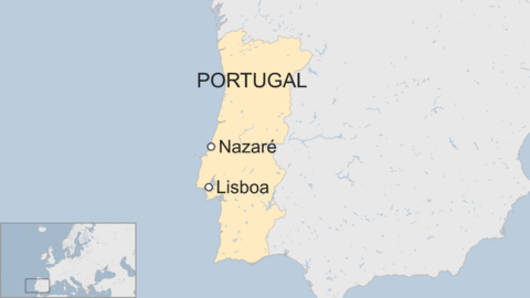 A map showing the location of Nazaré in the centre of Portugal.