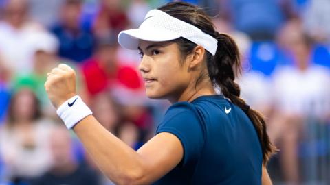 Emma Raducanu celebrates winning a point against Peyton Stearns in Montreal
