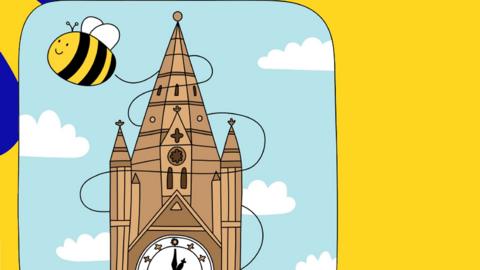 An illustration of a bee flying around a clock tower in Manchester