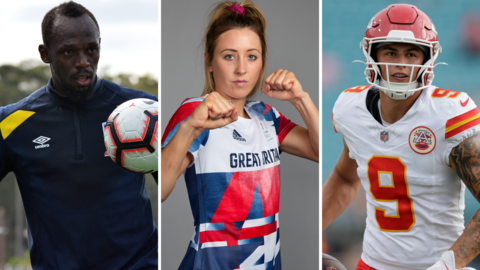 Usain Bolt with a football, Jade Jones posed with fists and Louis Rees-Zammit playing for Kansas CIty Chiefs