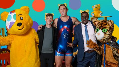 Pudsey bear with the Gladiators Epic Pranks team