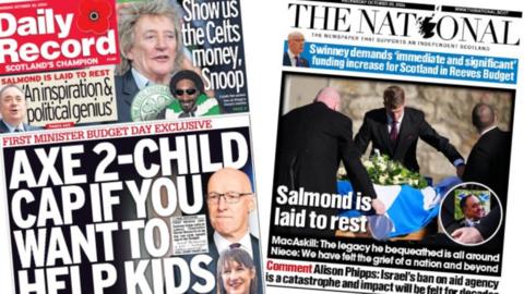 Composite image of the Daily Record, headlined 'Axe 2-child cap if you want to help kids' and the National, headlined 'Salmond is laid to rest'