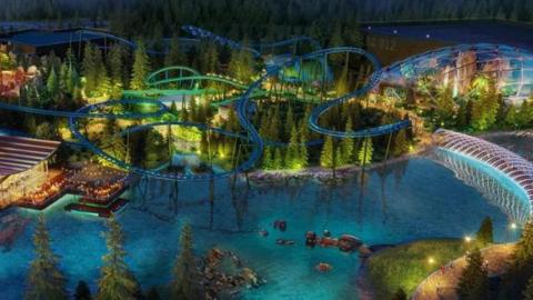 A CGI rendering of what the London Resort's theme park would look like - a blue rollercoaster over the Thames as well as a glass dome. 