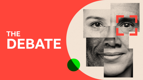 An image that reads 'the debate' with several different faces merged in segments