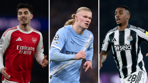 split graphic of Kai Havertz (Arsenal), Erling Haaland (Manchester City) and Joe Willock (Newcastle)