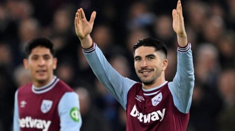 West Ham's Carlos Soler celebrates scoring against Fulham in the Premier League