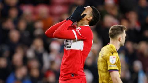 Middlesbrough's Morgan Whittaker reacts after a missed opportunity during the game with Blackburn