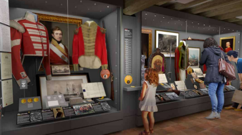A digital image of what the exhibition will look like in its new home. Glass exhibit cases show red military uniforms and medal. A little girl, a woman and another woman look inside the exhibits.