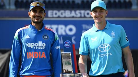 India captain Shubman Gill, left, and Harry Brook, right, with the one-day series trophy
