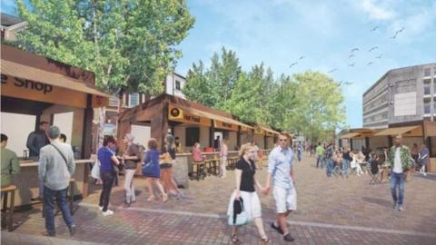 Artist's impression of Market Square showing shoppers, brown permanent stalls and trees