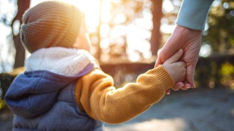 A young boy wearing a yellow jumper, blue body gilet with a white fleece lined hood and a green wool beanie hat with his back to the camera. He has his back to the camera as the son sets through the trees in the blurred background ahead of him. He is holding the hand of a woman, who is off camera. Only the left sleeve of her green wool sweater is visible.  