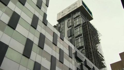 Scaffolding on the side of the Unity buildings in Liverpool