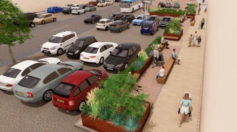 An artist's impression of a road with lots of cars and new seating area