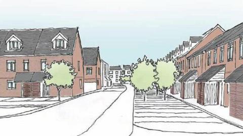An artists impression of the street. There are red brick houses and a few trees and pedestrian walkways.