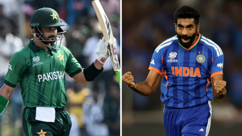 A split picture of Pakistan's Sahibzada Farhan holds his bat up to ackowledge a fifty and India's Jasprit Bumrah pumps his fist after taking a wicket
