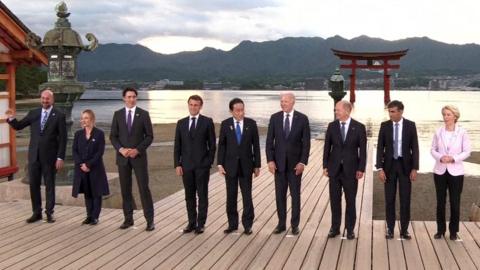 G7 leaders pose for a photo in Hiroshima