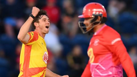 Trent Rockets' John Turner celebrates the wicket of Welsh Fire's Jonny Bairstow