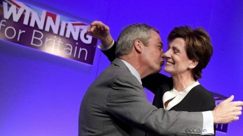 Nigel Farage embraces Diane James after she is elected his successor